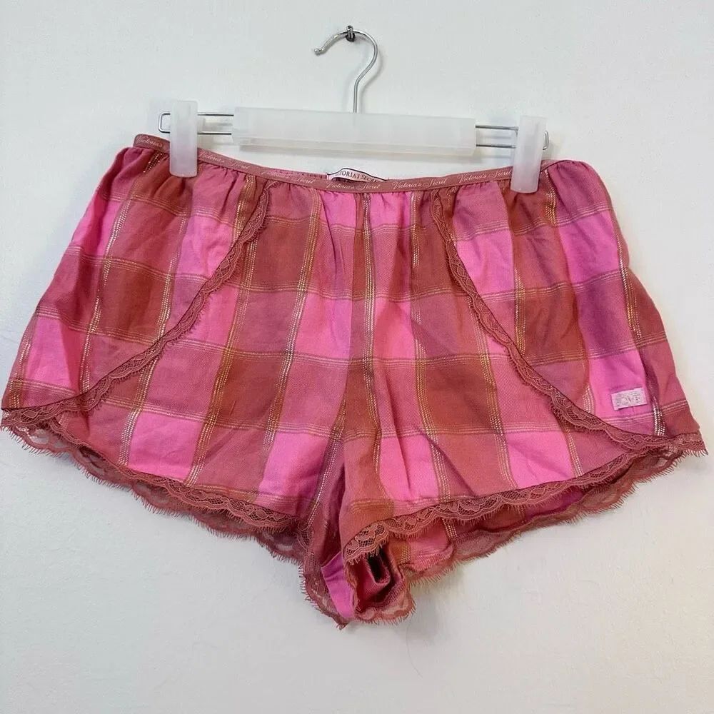 Victoria's Secret Women's Sleep Shorts Plaid Flannel Lace Trim Pink Gold Small